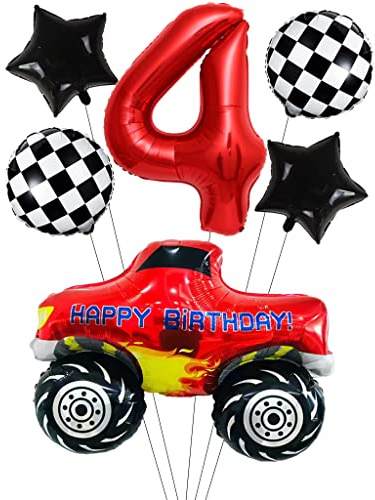 Liitata Ensemble de 4 ballons de course pour voiture de course Décoration d'anniversaire pour enfant 4 ballons aluminium Rouge Grand modèle voiture Drapeau cible Ballon étoile Pour garçon anniversaire