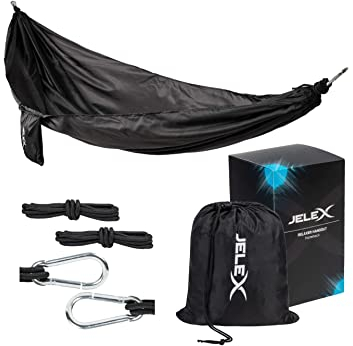 JELEX Relaxer Hangout Camping Outdoor Garten Hängematte 2,6 x 1,4 m, aus strapazierfähigem Material, belastbar bis 200 Kg. Inkl. reißfesten Seilen, Karabinerhaken und Aufbewahrungsbeutel
