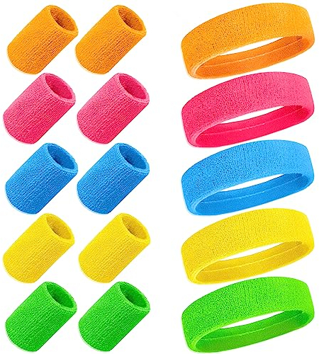 mizikuu 15 Pièces Bandeau Fluo Annee 80 Accessoire, Bandes de Transpiration Set Serre-Poignets Sport Bandeaux Sweatbands Année 80 et 90 Rétro pour Carnaval Soirée pour Homme et Femme
