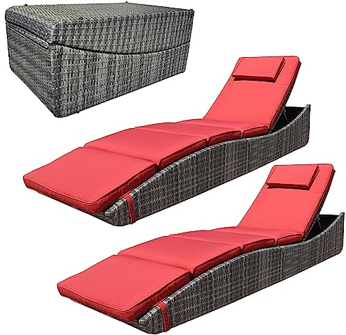 BTEXPERT Set of 2,Foldable Outdoor Chaise Pool Lounge Chair Folding Wicker Rattan Sun Bed Patio Couch Reclining Lounger Adjustable Padded Backrest Pillow Assembled - Red Burgundy