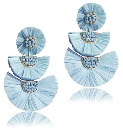 TOFBS Women's Raffia Tassel Earrings Bohemia Statement Earring Bead Boho Drop Earrings for Women Jewelry Gifts Costume Accessory (Blue)