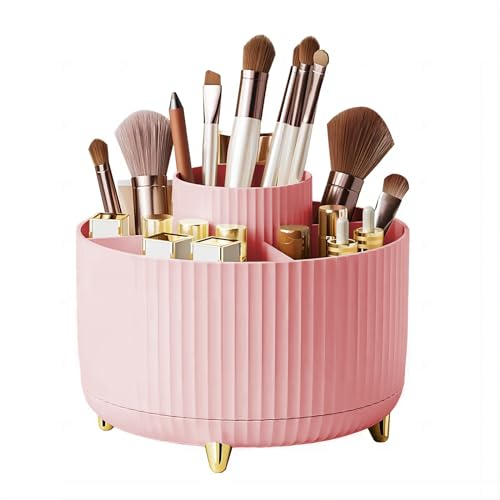 DASITON Organizador de Cosméticos de Maquillaje,Organizador de Maquillaje Giratorio de 360°,Organizador Brochas Maquillaje de Gran Capacidad,Organizador Maquillaje para Tocador,Baño,Dormitorio-Rosa