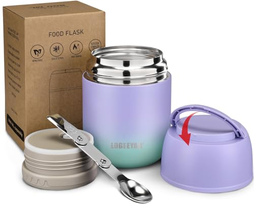 Itslife Thermo per Alimenti 500ml, Contenitore Termico per Alimenti di Acciaio Inossidabile con Cucchiaio Pieghevole, Isotermico Sottovuoto per Cibi Caldi e Freddi (Blu-Viola)