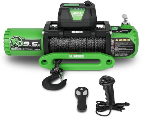 STEGODON Winch 9500lb Electric Winch 12V Winch with Synthetic Rope Car Trailer Winch with Green Hawse Fairlead Wireless Remote and Wired Handle for Truck SUV Jeep