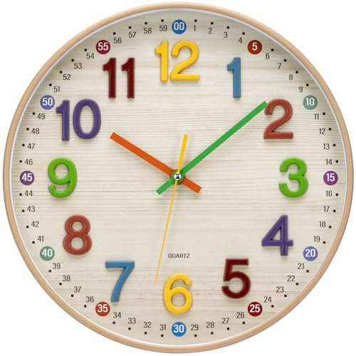 VINILITE Kinder Wanduhr ohne Tickgeräusche 30cm Modern Quartz Lautlos Wanduhr mit Bunte 3D-Zahlen Batteriebetrieben für Kinderzimmer, Küche, Wohnzimmer, Schlafzimmer, Büro