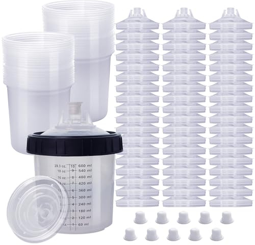 Disposable Paint Spray Gun Cup,HVLP Paint Spray Paint Gun 20 Ounce (600ml) Kit with 55 Cups and Lids System, 1 Hard Cup with Retainer Ring and 10 Plugs