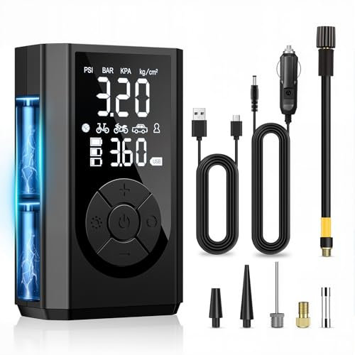 Vexloria Tyre Inflator Cordless Air Compressor, Portable Electric Bike Pump 150 PSI, Tyre Pump with Pressure Gauge & LED Light for Car, Bicycle, Motorbike, Ball - Digital Dual Values Display