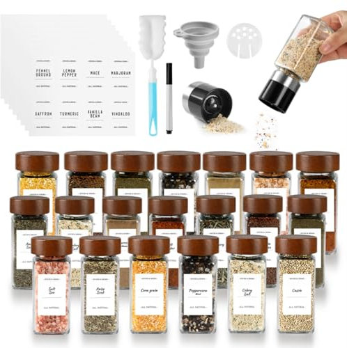 Moreau Barattolo per spezie con macina per spezie, 20 pezzi, barattoli per spezie in vetro e legno, barattoli per spezie con 2 macina per spezie, setaccio, etichette, spazzolare, imbuto per conservare