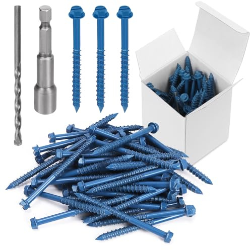Swpeet 52 st 1/4 tum x 3-1/4 tum spår hex tvätthuvud betongskruvar ankare med hex bit sockel och borrbaskit sortiment kit, självmontering cementskruvar för förankring på murverk, block, tegelstuck