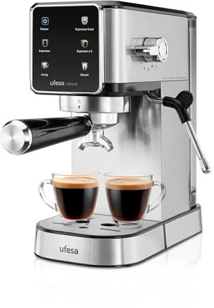 Ufesa Arona Machine à Café Expresso 1350W avec Écran Tactile Couleur, 20 Bars, Fonction Espresso Cool, Buse Vapeur Réglable, Réservoir d’Eau 1L, Porte-filtre Métallique, Design Compact, Café Froid