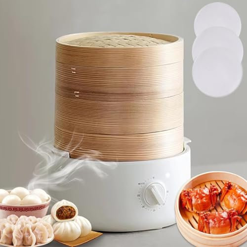 Vaporiera elettrica intelligente a 3 livelli, riscaldamento rapido da 800 W, per una cucina sana senza olio, verdure, frutti di mare e gnocchi, con cestini in bambù impilabili e tappetino per gabbia