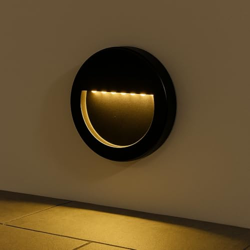 FactorLED Aplique LED Exterior, 3W (30W), Baliza Negra para escaleras y caminos, Superficie Pared, IP65 Impermeable, Luces de paso (Luz cálida, Circular)