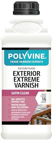 Polyvine Exterior Extreme Varnish Satin – Heavy Duty Outdoor Waterproof Clear Varnish - Quick Dry Polyurethane Clear Coat Multi Use Protective Coating - UV, Heat, Stain Water Based Sealer, (Satin, 1L)