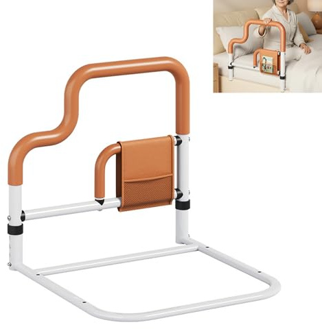 LORESJOY Barandilla Cama Adulto Plegable, Asidero Cama, 4 Alturas Ajustables con Bolsillo de Almacenamiento, Ayuda para Levantarse de la Cama Anticaídas, Barrera Ajustable, Asidero Mayores