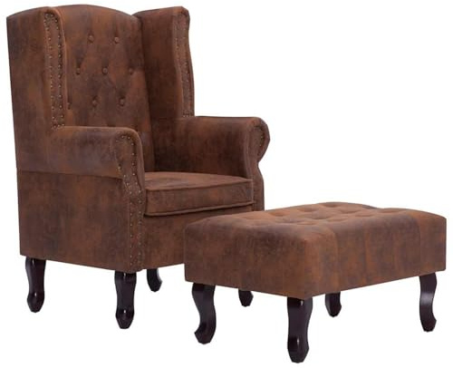 Tidyard Poltrona Chesterfield con Poggiapiedi, Marrone Ecopelle Scamosciata, per Salotto
