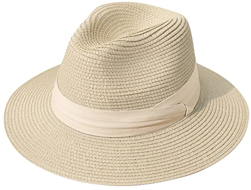 Lanzom Women Wide Brim Straw Panama Roll up Hat Fedora Beach Sun Hat UPF50+ (Z-Beige Ribbon Khaki)