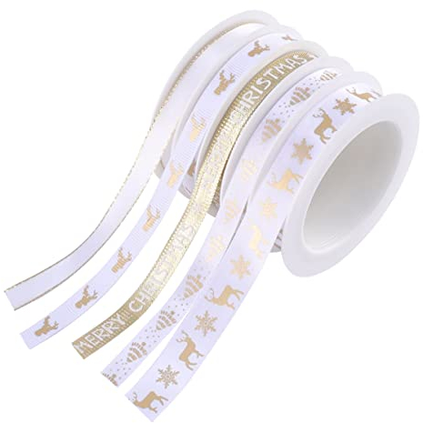 Amosfun Weihnachtsgeschenkband Satinband 5 Rollen Weiß Gold 25M Dekoband Breit FüR Geschenkverpackung Diy Basteln Schleifenband WeihnachtsbäNder Festliche Dekoration