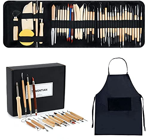 TEMONTIAN Töpferwerkzeug-Set, Töpferei-Werkzeuge für Töpfereien, Töpferei-Schnitzwerkzeuge, Töpferei-Werkzeuge zu Hause, Keramik-Werkzeug-Set mit Tragetasche und Schürze, 43-teilig