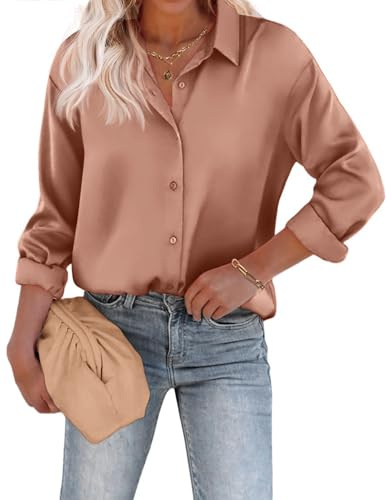 Chigant Women's Button Down Shirts Satin Silk Long Sleeve Business Office Blouses Tops (Light Coffee,X-Large)