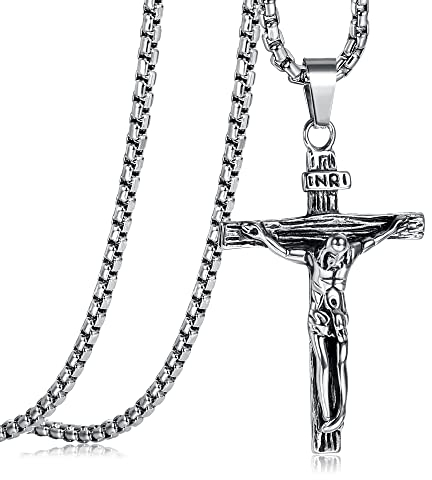 JeweBella Cross Necklace for Men Women Stainless Steel Jesus Crucifix Cross Pendant Venetian Chain 61 CM Silver/Gold/Black Religious Jewellery Gift