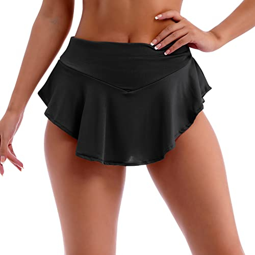 IBAKOM Jupe-short taille haute à volants pour femme - Pour yoga, jogging, gym, entraînement, hipster, rave, danse sur scène, pole dance - Mini pantalon chaud - Vêtements de sport - Jupes de lingerie,