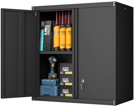 GREATMEET Hängeschrank Metall Werkzeugschrank mit Klapptür, wandmontierte Garagen-Aufbewahrungsschränke mit 1 verstellbarem Regal und 2 Türen, Stahlschrank für Garage, Büro und Zuhause, Schwarz