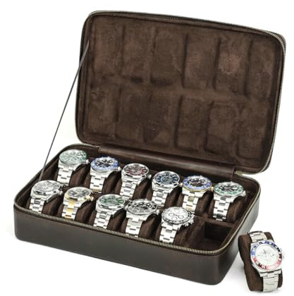 CONTACTS 12 Watch Case Travel Leather Watch Box, Crazy Horse Leather Zipper Watch Roll Organizer for Men Watch Holder Display Protector