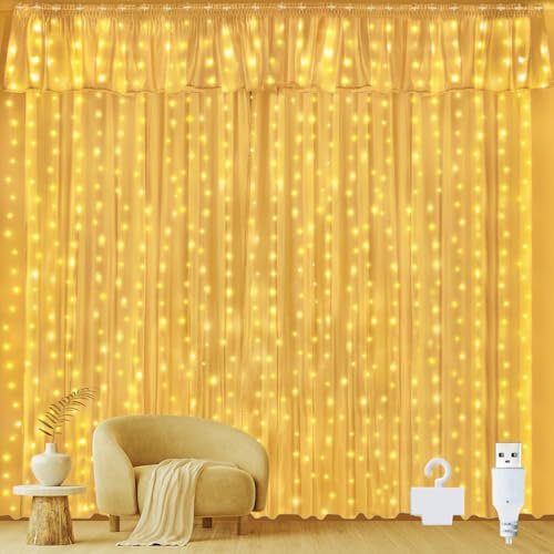 Ollny Curtain Lights Indoor Outdoor, 300LED 3mx3m Christmas Window Fairy Lights, Waterfall Hanging String Light Waterproof with USB 8 Modes for Bedroom/Wedding/Party/Xmas Decorations, Warm White