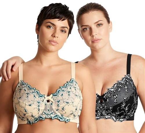 Curve Muse Femme Légèrement Rembourré avec Armature Soutien-Gorge en Dentelle Brodée-Paquet de 2-Noir,Nu-105E