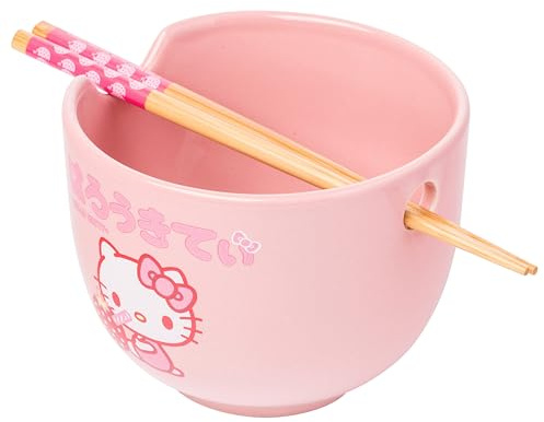 Silver Buffalo Sanrio Hello Kitty Strawberry Milk Japanese Character Ceramic Ramen Noodle Rice Bowl with Chopsticks, Microwave Safe, Pink, 20 Ounces