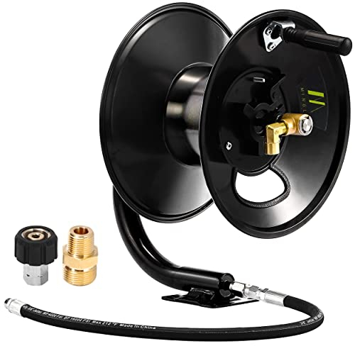 M MINGLE Enrouleur de Tuyau Haute Pression 30m, en Acier Robuste, Manivelle Manuelle avec Bras Pivotant, Sortie NPT 3/8, 280 Bar