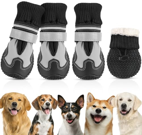 SlowTon Hundeschuhe Pfotenschutz, 4 Stück rutschfeste wasserdichte Hunde Schuhe mit reflektierendem Klettverschluss, Winter Schnee Hundestiefel für große mittlere kleine Hunde Sport im Freien, Size 6