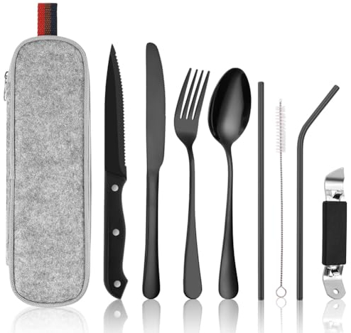 HOTUT Set di Posate Acciaio Inox, 9 Pezzi Posate Da Campeggio Kit con Borsa Portaoggetti, Posate Da Viaggio con Cucchiaio Forchetta Coltello Tavola Coltello Bistecca Bacchette Cannucce Spazzola, Nero