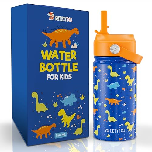 Sweety Fox Edelstahl Trinkflasche Kinder Dino BPA-frei - Kinder Flasche mit Strohhalm und Bürste - Geeignet für Kinder ab 3 Jahren.
