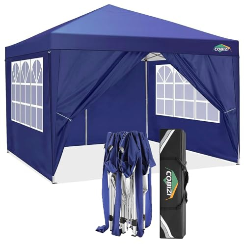 COBIZI Pavillon 3x3 Wasserdicht Faltpavillon mit 4 Seitenteilen Freiluft Faltpavillon Stabile UV-Schutz 50+ Pop Up Gartenpavillon Partyzelt für Freien, Garten, Party, Hochzeit, Markt (3x3m Marineblau)