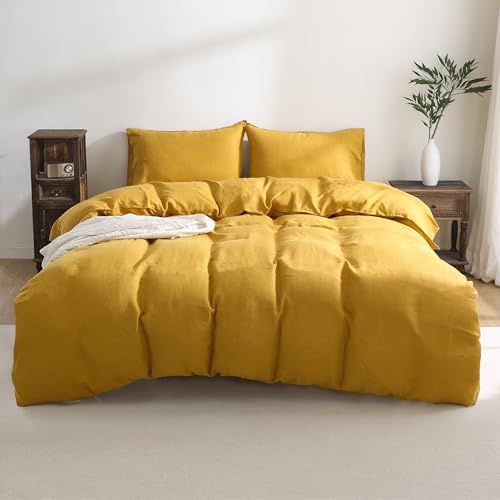 Triton French Linen Duvet Cover Set 3PCS Queen Size 92x92Inch,100% Natural Linen Duvet with Coconut Button Closure,Breathable Soft Washed Flax Bedding Comforter with 2 Pillowcases(Yellow,Full/Queen)
