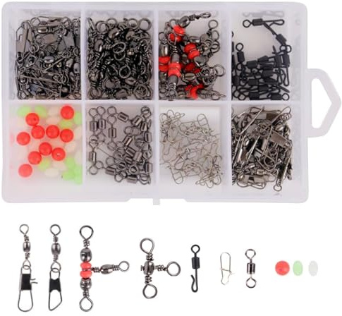 Filltown 160pcs/Box Fishing Swivel Snaps Kit, Include Barrel Swivel Snaps, Ball Bearing Swivels Snap Swivels, 3 Way Triple Swivel Fishing Beads, Fresh & Saltwater Fishing Accessories Set