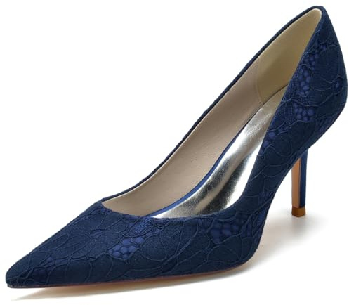 FQMAYPO Donna Stiletto Matrimonio Punta Chiusa Pizzo Tacchi Alti Elegante Vestito Sandali Sera Scarpe Palace,Navy Blue,35 EU
