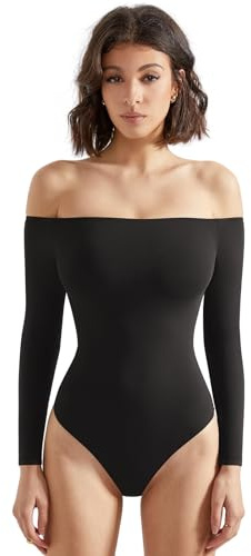 SUUKSESS Women Off the Shoulder Long Sleeve Bodysuit Top Double Lined Sexy Thong Bodysuits Shirts (Black,M)