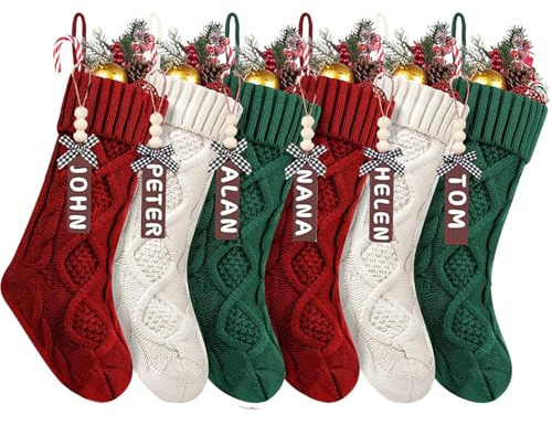 HDKJRN Set of 6 Personalized Christmas Stockings with Wooden Name Tags, 18 Xmas Cable Knitted Stocking – Holiday Hanging Decor Gifts for Family Party (White, Red, Green)