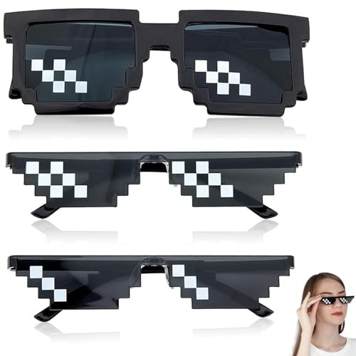 vcsjw Pixel Brille,3 Stück Pixel Mosaik Brille,Lustige Brillen,Party Brille,Lustige Sonnenbrillen,Thug Life Brille Coole Sonnenbrille für Party Verkleidungen Foto Requisiten - Schwarz,Unisex