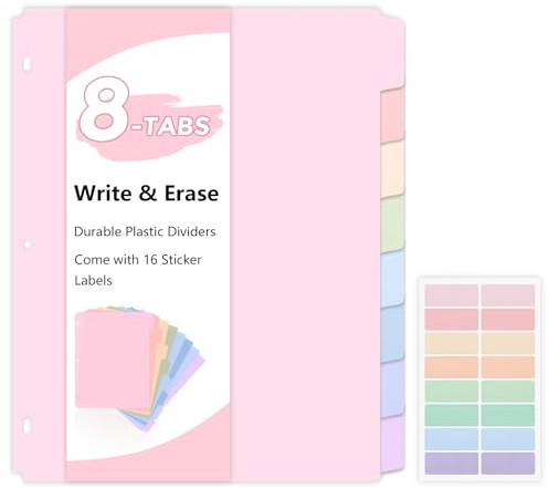 SKYDUE 8 Tab Binder Dividers, Letter Size, Durable Plastic Dividers for 3 Ring Binder, Write & Erase Binder Dividers with Tabs, 1 Set, Aesthetic Pastels Binder Divider for School, Office