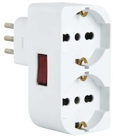 Electraline 71948 Adattatore Doppio Salvaspazio due Posti frontali P40 polivalenti (10/16A + Schuko tedesca), Spina piccola 10A fuoriasse per non sovrapporsi a prese/interruttori, interruttore ON/OFF