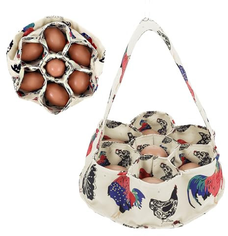 Ymapinc Eierkorb zum Sammeln, Eiersammelkorb Bauernhof Hühnerkorb zum Warmhalten Frischer Eier mit 7 Beuteln Sammeln von Enteneiern Gänseeiern Geschenk für Hausfrauen–Beiges Segeltuch