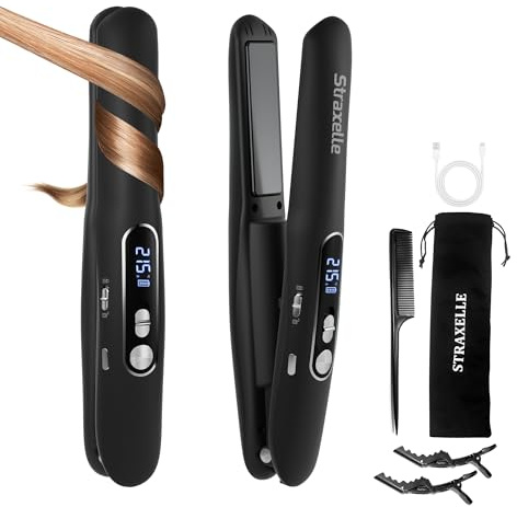 Mini Piastra da Viaggio per Capelli Senza Fili, 2 in 1 Piastra Capelli Senza Fili e Arricciacapelli, 175℃-215℃ Piastre per Capelli Corti per Donne/Uomini, 5000mAh Cordless Hair Straightener (Nero)