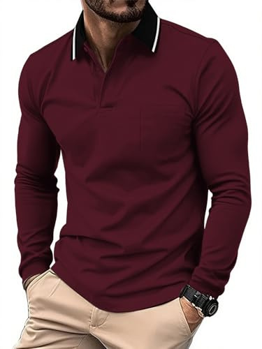 JACKETOWN Polo para Hombre Polo Manga Larga Camiseta de Golf Trabajo Transpirable T Shirt con Bolsillo Primavera Otoño Camisetas de Senderismo Pesca,Rojo Vino,L