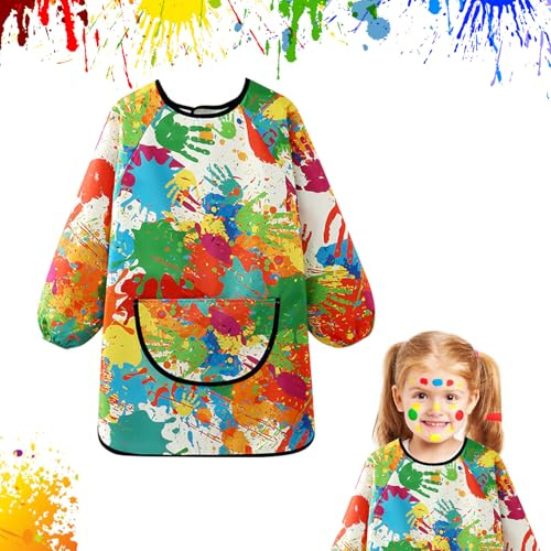 Puasok Grembiule Pittura Bambini 1 a 3 Anni, Grembiule Asilo Bambino Grembiule Pittura Impermeabile con Maniche e Tasca Grande per Scuola Pittura Cucina
