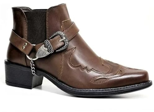 GIJMZY Botas Cowboy Hombre Botas vaqueras vintage for hombre, de cuero, caña alta, con hebilla de cadena y correa, zapatos punk, botas de motociclista de punta puntiaguda for hombre(Brown,42)