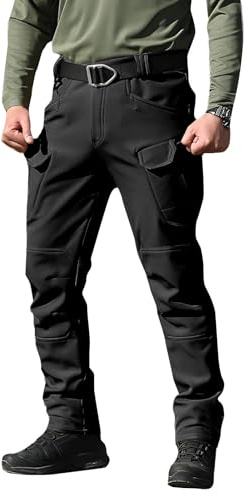 Pantaloni da trekking da uomo impermeabili foderati in pile, isolati termicamente imbottiti, pantaloni cargo elasticizzati invernali, per esterni, impermeabili, con tasche di grandi dimensioni, Nero