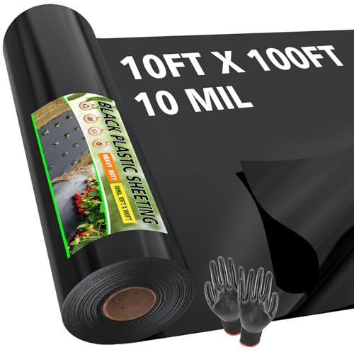 10ft x 100ft 10 Mil Black Plastic Sheeting Heavy Duty, LLDPE Vapor Barrier for Crawl Space Encapsulation, Moisture Barrier Film for Basement, Landscaping, Greenhouse & DIY (with Gloves)